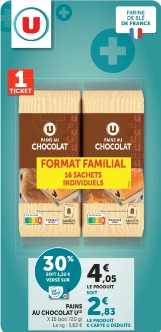 Pains au chocolat U Format Familial 16 sachets individuels