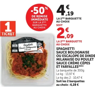 Spaghetti sauce bolognaise ou Escalope de dinde milanaise ou Poulet sauce crème cèpes et farfalles Luthel
