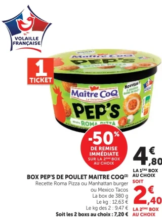 Box Pep's de Poulet Maitre Coq Recette Roma Pizza ou Manhattan burger ou Mexico Tacos