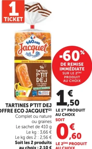 TARTINES P'TIT DEJ OFFRE ECO JACQUET Complet ou nature ou graines