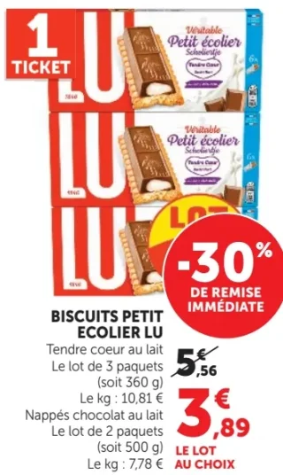 BISCUITS PETIT ECOLIER LU Tendre coeur au lait ou Nappés chocolat au lait