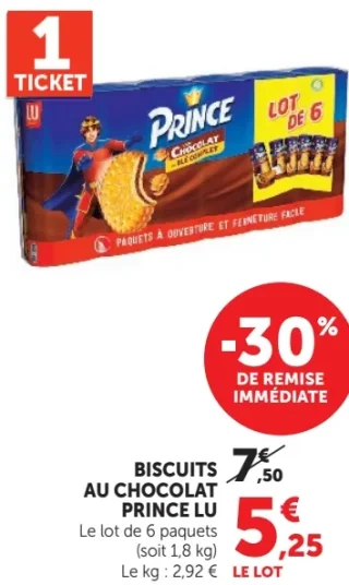 BISCUITS AU CHOCOLAT PRINCE LU Le lot de 6 paquets