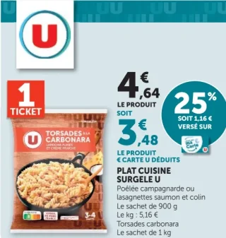 PLAT CUISINE SURGELE U Torsades Carbonara