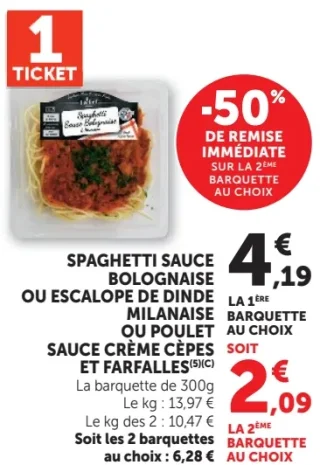 Spaghetti sauce bolognaise ou Escalope de dinde milanaise ou Poulet sauce crème cèpes et farfalles