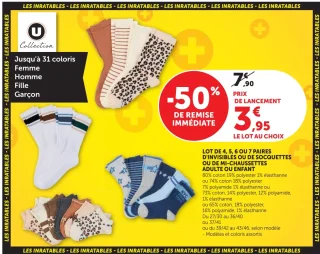 Lot de 4, 5, 6 ou 7 paires d'invisibles ou de socquettes ou de mi-chaussettes adulte ou enfant U Collection