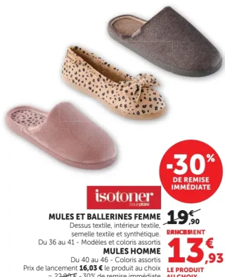 Mules et ballerines femme ou Mules homme Isotoner