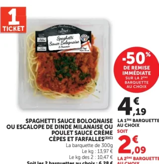 Spaghetti sauce bolognaise ou Escalope de dinde milanaise ou Poulet sauce crème cèpes et farfalle Le Chef