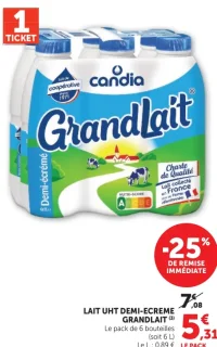 Lait UHT demi-écrémé Grandlait Candia