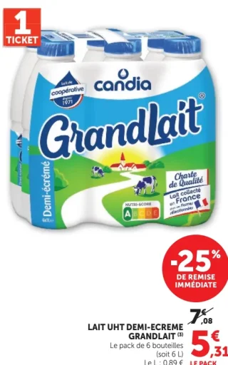 Lait UHT demi-écrémé Grandlait Candia