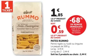Pates Rummo Penne rigate ou fusilli ou linguine