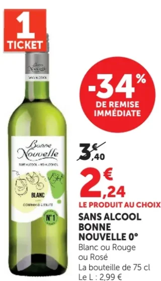 SANS ALCOOL BONNE NOUVELLE 0° Blanc ou Rouge ou Rosé
