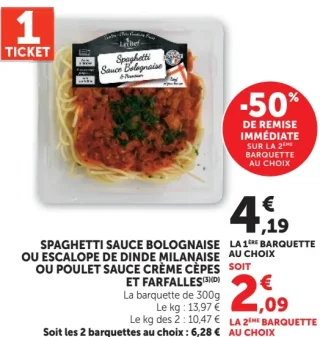 Spaghetti Sauce Bolognaise, Escalope de Dinde Milanaise ou Poulet Sauce Crème Cèpes et Farfalles Lechef