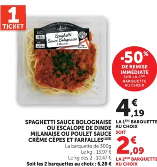 SPAGHETTI SAUCE BOLOGNAISE OU ESCALOPE DE DINDE MILANAISE OU POULET SAUCE CRÈME CÈPES ET FARFALLES Lechef