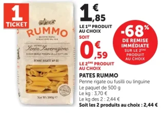 Pates Rummo Penne rigate ou fusilli ou linguine
