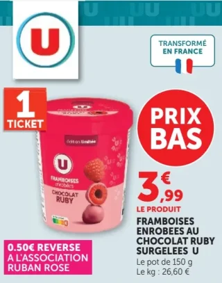 Framboises enrobées au chocolat ruby surgelées U