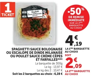 Spaghetti sauce bolognaise ou Escalope de dinde milanaise ou Poulet sauce crème cèpes et farfalles