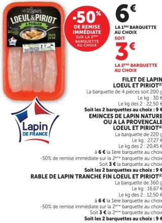 Filet de lapin, Émincés de lapin nature ou à la provençale, Râble de lapin tranche fin Loeul & Piriot