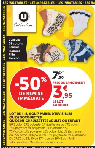 Lot de 4, 5, 6 ou 7 paires d'invisibles ou de socquettes ou de mi-chaussettes adulte ou enfant U Collection