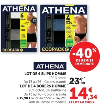 Lot de 4 slips homme ou lot de 4 boxers homme Athena