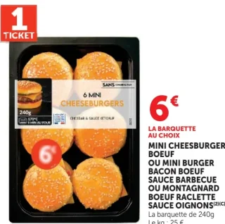 Mini cheeseburger boeuf ou mini burger bacon boeuf sauce barbecue ou montagnard boeuf raclette sauce oignons