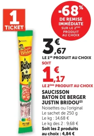 Saucisson Bâton de Berger Justin Bridou Noisettes ou l'original