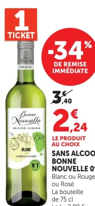 Sans Alcool Bonne Nouvelle 0° Blanc ou Rouge ou Rosé
