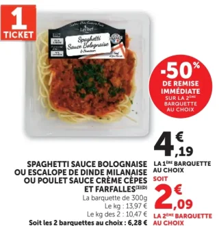 SPAGHETTI SAUCE BOLOGNAISE OU ESCALOPE DE DINDE MILANAISE OU POULET SAUCE CRÈME CÈPES ET FARFALLES