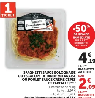 Spaghetti Sauce Bolognaise ou Escalope de Dinde Milanaise ou Poulet Sauce Crème Cèpes et Farfalles Lechef