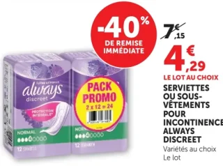 Serviettes ou sous-vêtements pour incontinence Always Discreet
