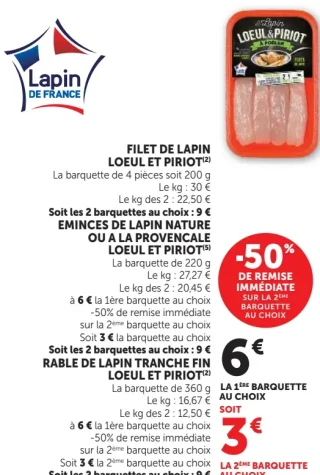 Filet de lapin ou Emincés de lapin nature ou à la provençale ou Râble de lapin tranche fin Loeul & Piriot