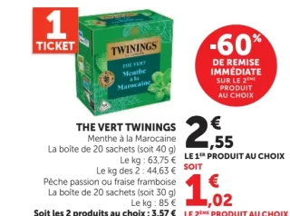 THE VERT TWININGS Menthe à la Marocaine ou Pêche passion ou fraise framboise