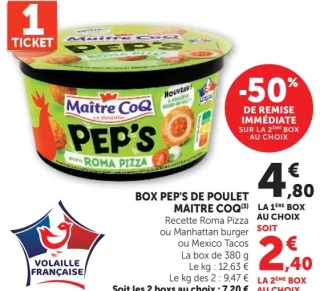 Box Pep's de Poulet Maitre Coq Recette Roma Pizza ou Manhattan burger ou Mexico Tacos