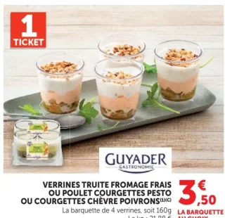 Verrines truite fromage frais ou poulet courgettes pesto ou courgettes chèvre poivrons Guyader Gastronomie