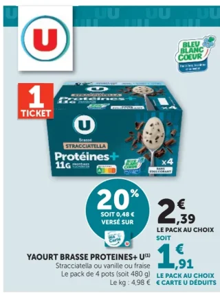 Yaourt brassé Proteines+ U Stracciatella ou vanille ou fraise