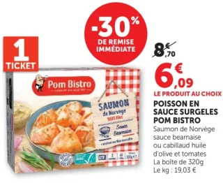 Poisson en sauce surgelés Pom Bistro Saumon de Norvège sauce béarnaise ou cabillaud huile d'olive et tomates