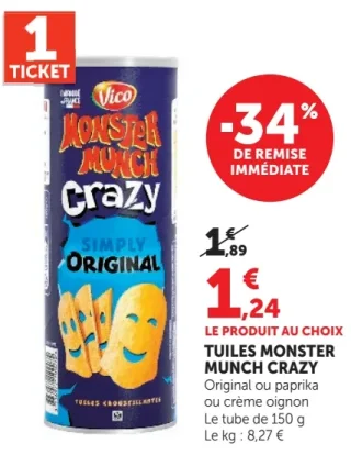 Tuiles Monster Munch Crazy Original ou paprika ou crème oignon
