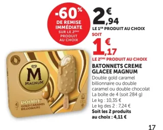 Bâtonnets crème glacée Magnum Double gold caramel billionaire ou double chocolat
