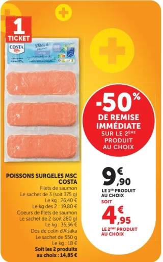 Poissons surgelés MSC Costa Filets de saumon, Coeurs de filets de saumon ou Dos de colin