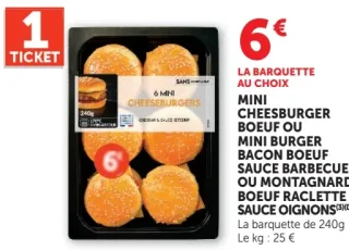 6 Mini cheeseburgers boeuf ou Mini burger bacon boeuf sauce barbecue ou Montagnard boeuf raclette sauce oignons