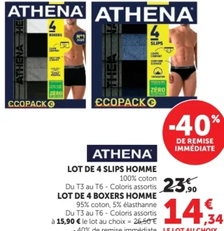 Lot de 4 boxers homme ou Lot de 4 slips homme Athena