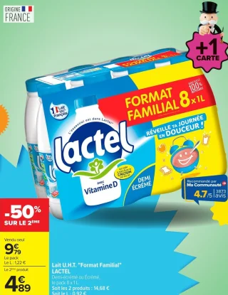 Lait U.H.T. "Format Familial" LACTEL Demi-écrémé ou Écrémé