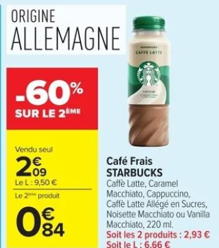 Café Frais STARBUCKS Caffé Latte, Caramel Macchiato, Cappuccino, Caffé Latte Allégé en Sucres, Noisette Macchiato ou Vanilla Macchiato