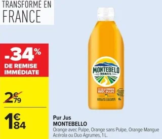 Pur Jus MONTEBELLO Orange avec Pulpe, Orange sans Pulpe, Orange Mangue Acérola ou Duo Agrumes, 1 L.