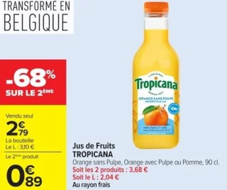 Jus de Fruits TROPICANA Orange sans Pulpe, Orange avec Pulpe ou Pomme, 90 cl.