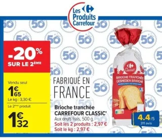 Brioche tranchée CARREFOUR CLASSIC' Aux œufs frais, 500 g.