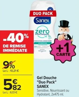 Gel Douche "Duo Pack" SANEX Sensitive, Nourrissant ou Hydratant