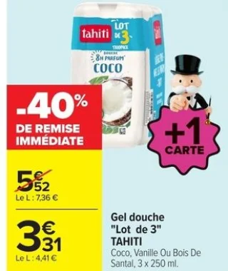 Gel douche "Lot de 3" TAHITI Coco, Vanille Ou Bois De Santal