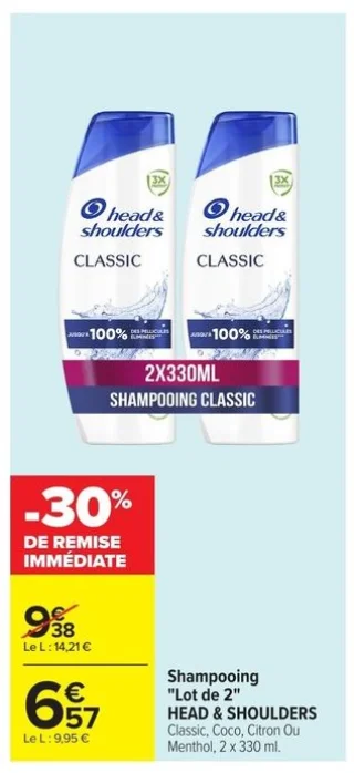Shampooing "Lot de 2" HEAD & SHOULDERS Classic, Coco, Citron Ou Menthol