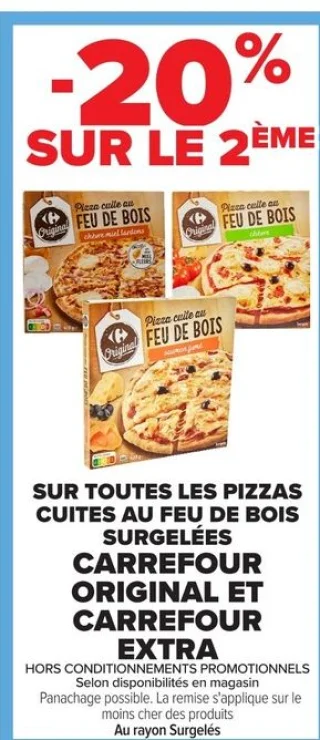 Pizzas cuites au feu de bois surgelées Carrefour Original et Carrefour Extra