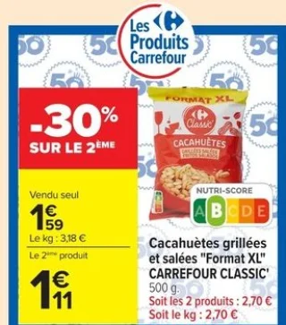 Cacahuètes grillées et salées "Format XL" CARREFOUR CLASSIC'